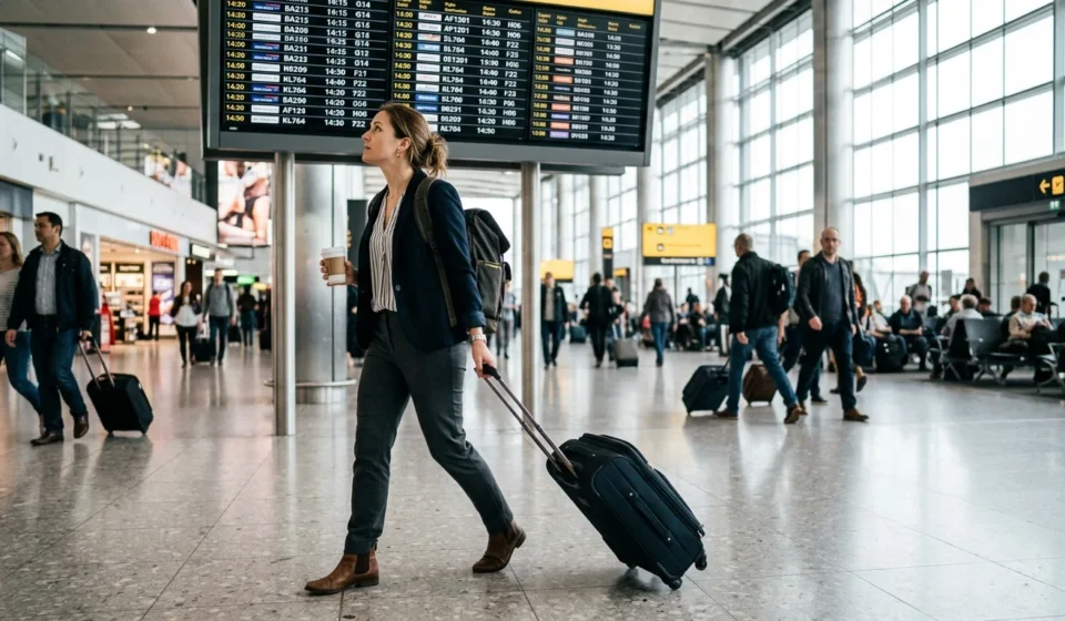 Professional walking through an airport on her way to one of many jobs that require travel