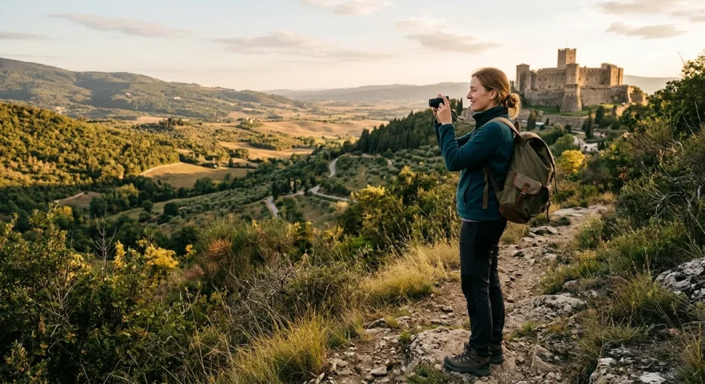 Tourist zooming with a pocket camera, one of the best compact camera for travel options for distant subjects