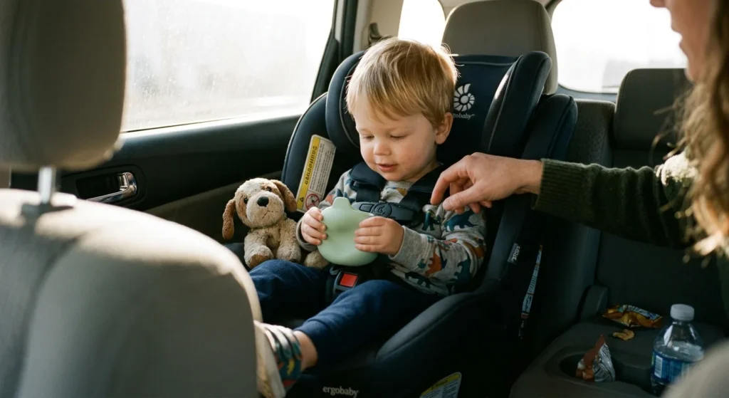Toddler buckled in a car seat on a road trip with snacks and toys