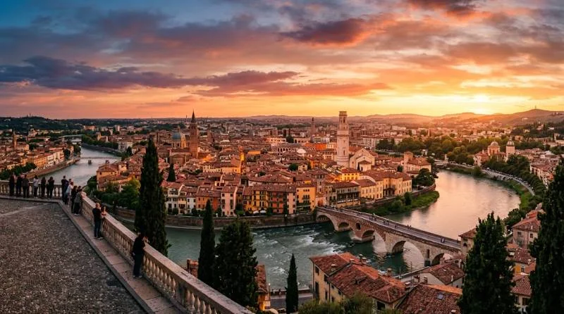 Sunset over Ponte Pietra and Verona rooftops from Castel San Pietro, among the best things to do in Verona