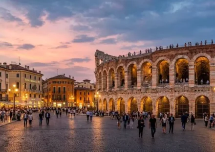 Verona Arena lit at dusk in Piazza Bra, one of the top things to do in Verona