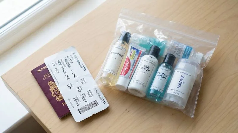 Clear carry-on bag showing what includes toiletries for flights, with travel-size shampoo, toothpaste, lotion, and deodorant