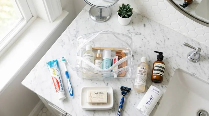 Flat lay showing what includes toiletries, with toothpaste, shampoo, soap, deodorant, razor, and lotion beside an open clear toiletry bag