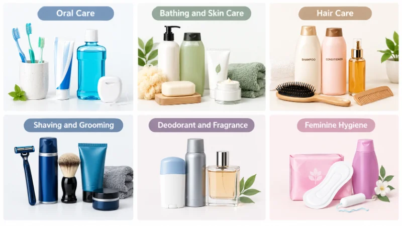 showing what includes toiletries across six categories, from oral care to feminine hygiene