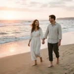 Newlywed couple walking on a beach, showing what is a honeymoon in practice