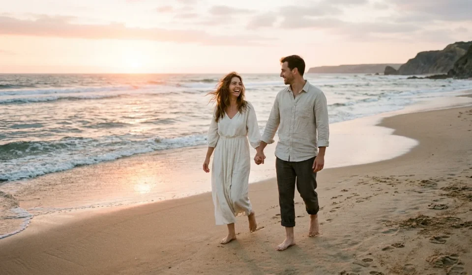 Newlywed couple walking on a beach, showing what is a honeymoon in practice