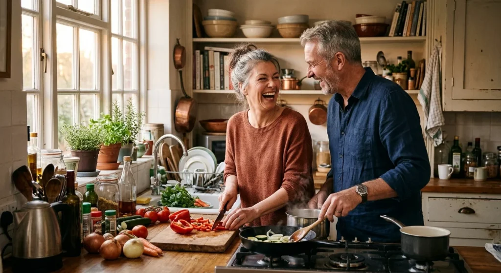 What Is a Honeymoon? Meaning, Length & Phase 3 Long-married couple cooking together after the honeymoon phase from what is a honeymoon