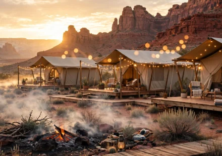 Safari tents at one of the best places to go glamping near a national park at sunrise