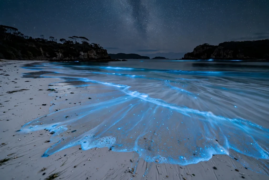 Glowing blue bioluminescent waves on a white sand beach in Jervis Bay, one of the best places to see bioluminescence in Australia