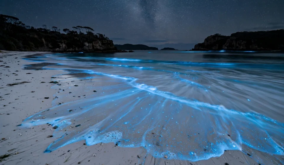 Glowing blue bioluminescent waves on a white sand beach in Jervis Bay, one of the best places to see bioluminescence in Australia
