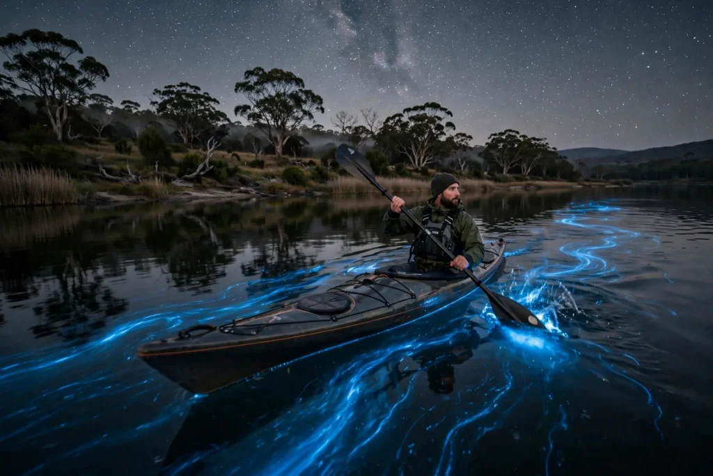 A kayaker trailing blue bioluminescent light across dark water in the Gippsland Lakes, one of the best places to see bioluminescence in Australia