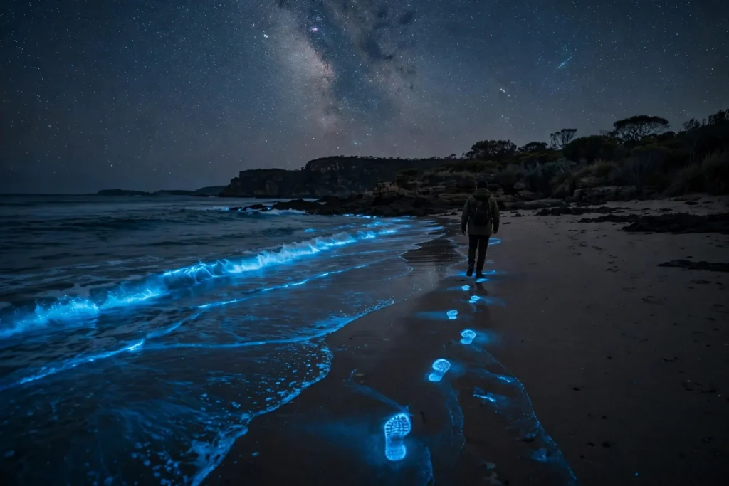 Footprints glowing blue in wet sand on an Australian beach at night, one of the best places to see bioluminescence in Australia