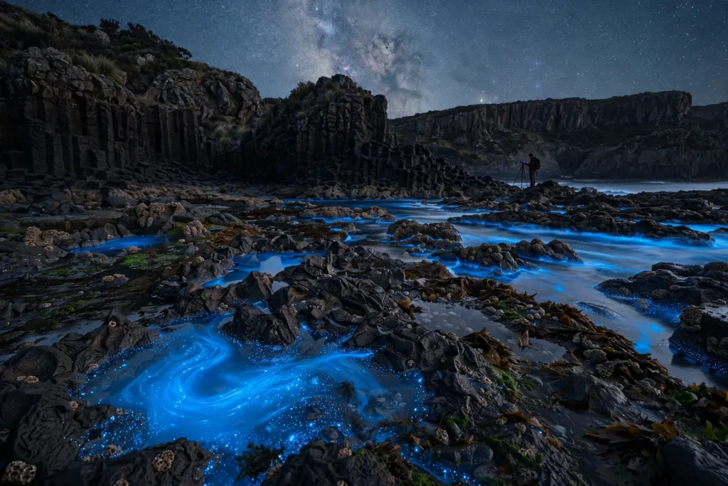 Glowing blue rock pools on a Tasmanian shoreline at night, one of the best places to see bioluminescence in Australia