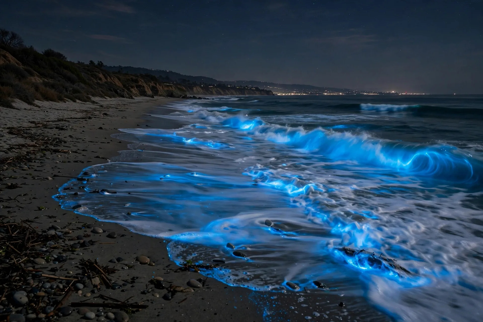 Bioluminescent waves glowing electric blue on a San Diego beach at night, among the best places to see bioluminescence in the USA