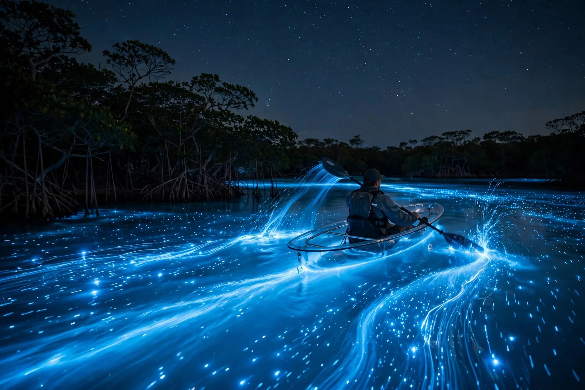 A kayaker paddling through glowing blue water in Florida, one of the best places to see bioluminescence in the USA