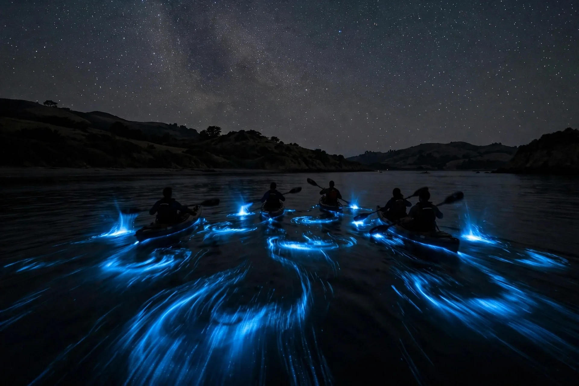 Kayakers on a guided night tour in Tomales Bay with paddles trailing blue bioluminescent light, one of the best places to see bioluminescence in the USA