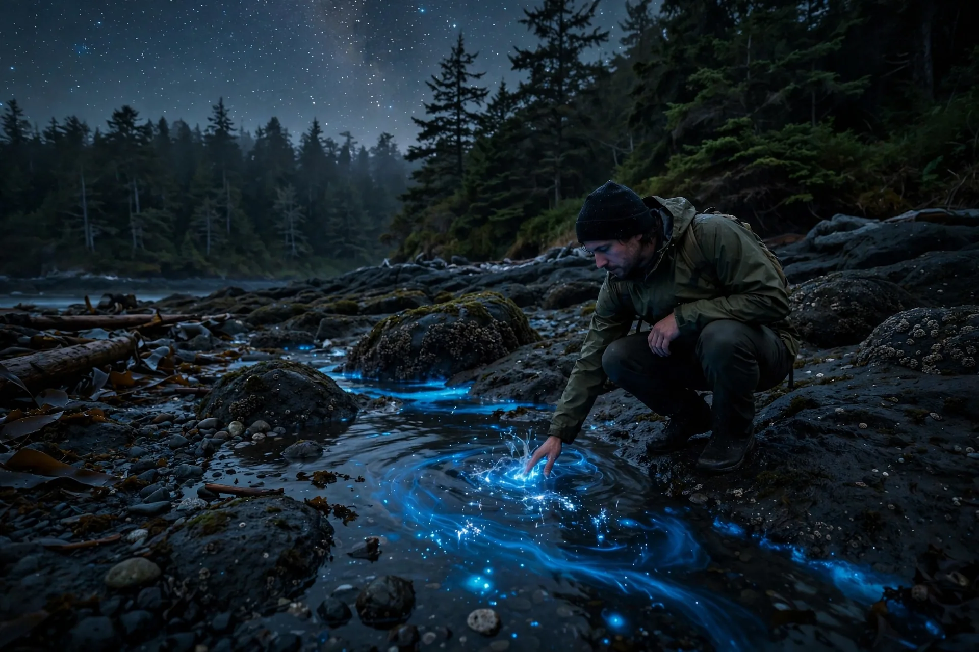 A traveler touching glowing bioluminescent water in a tide pool on the Washington coast, one of the best places to see bioluminescence in the USA