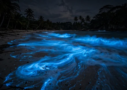 Bioluminescent waves glowing electric blue on a beach at night.