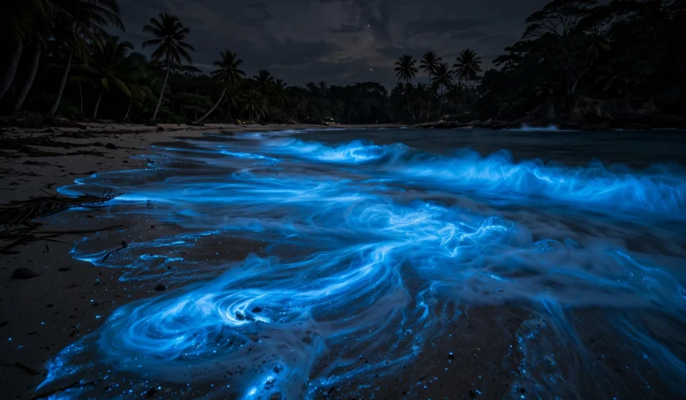 Bioluminescent waves glowing electric blue on a beach at night.
