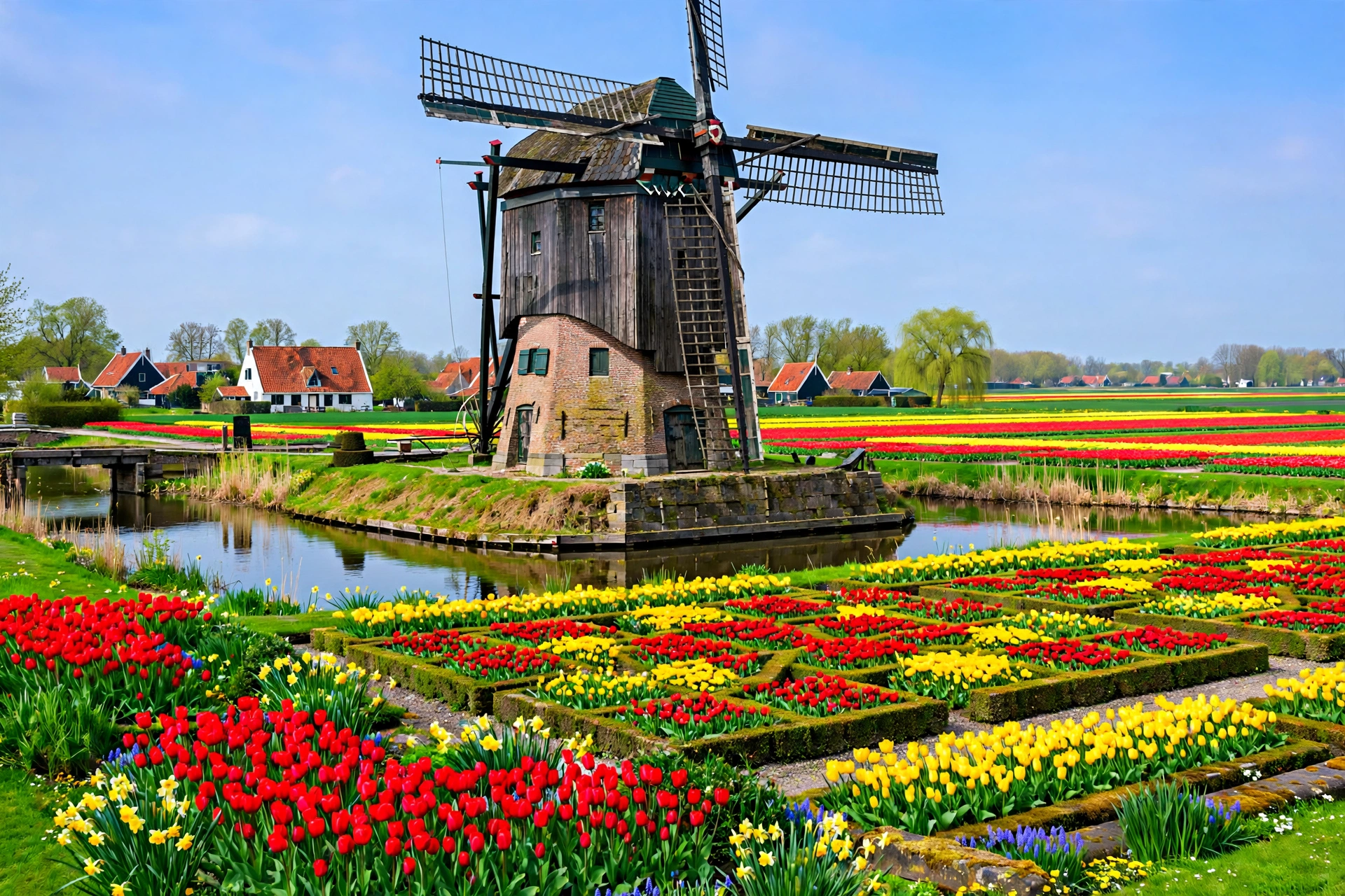DeZwaan windmill surrounded by blooming tulips at Windmill Island Gardens, Holland Michigan.