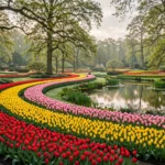 Keukenhof Gardens tulip beds in full bloom near Lisse, Netherlands.