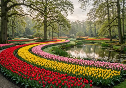 Keukenhof Gardens tulip beds in full bloom near Lisse, Netherlands.