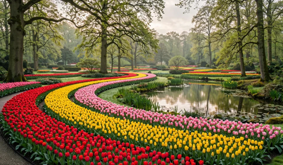 Keukenhof Gardens tulip beds in full bloom near Lisse, Netherlands.