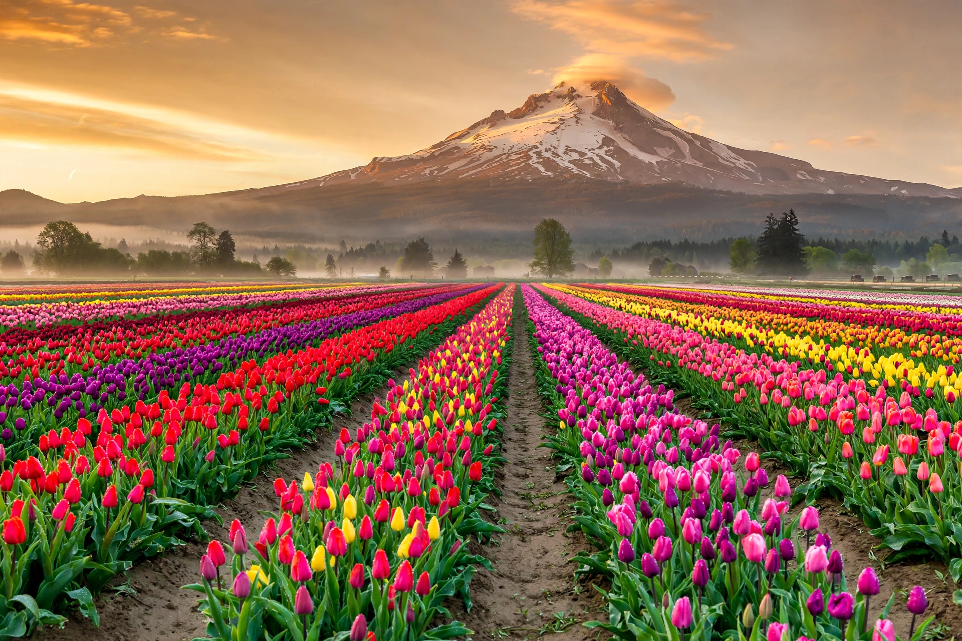 Rows of tulips at Wooden Shoe Tulip Farm with Mount Hood in the distance.