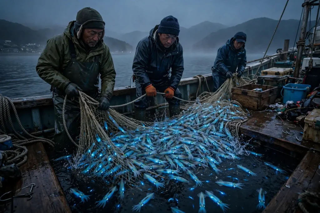 Bioluminescence in Japan: Firefly Squid Guide 1 Fishermen hauling a net of glowing blue firefly squid in Toyama Bay, the most famous place to see bioluminescence in Japan