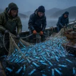 Fishermen hauling a net of glowing blue firefly squid in Toyama Bay, the most famous place to see bioluminescence in Japan
