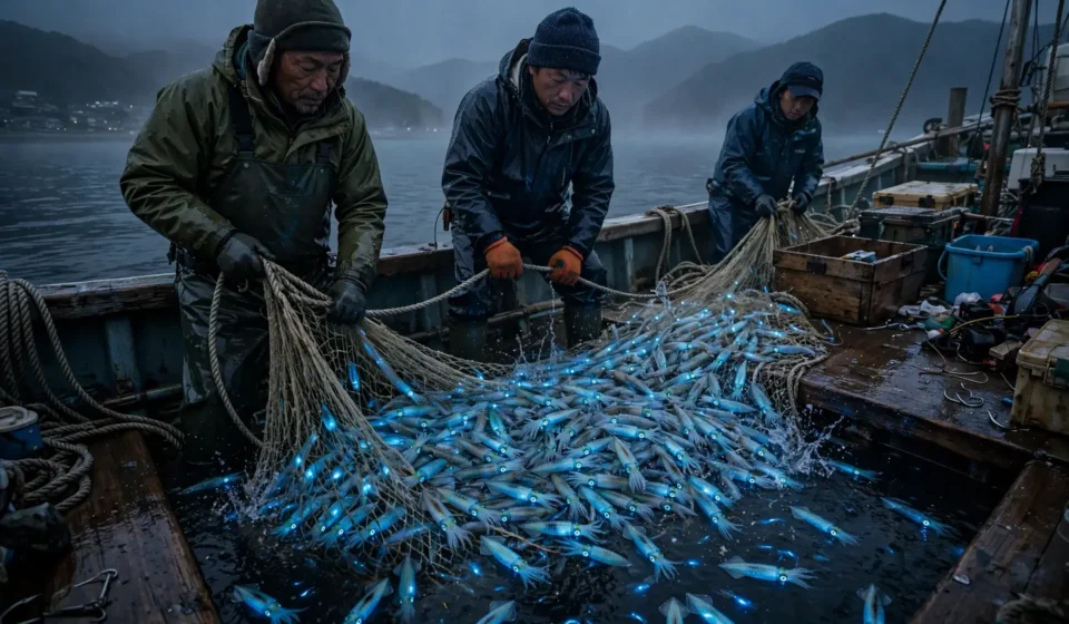 Fishermen hauling a net of glowing blue firefly squid in Toyama Bay, the most famous place to see bioluminescence in Japan