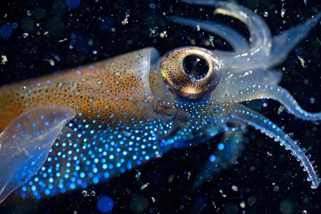 Bioluminescence in Japan: Firefly Squid Guide 3 Close-up of a glowing blue firefly squid in dark water, the tiny creature behind bioluminescence in Japan