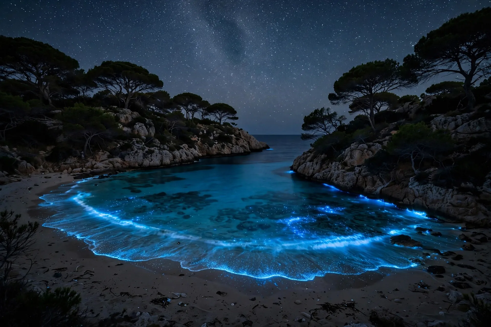 A small cove in Formentera with glowing blue bioluminescent water at night, part of bioluminescence in Spain