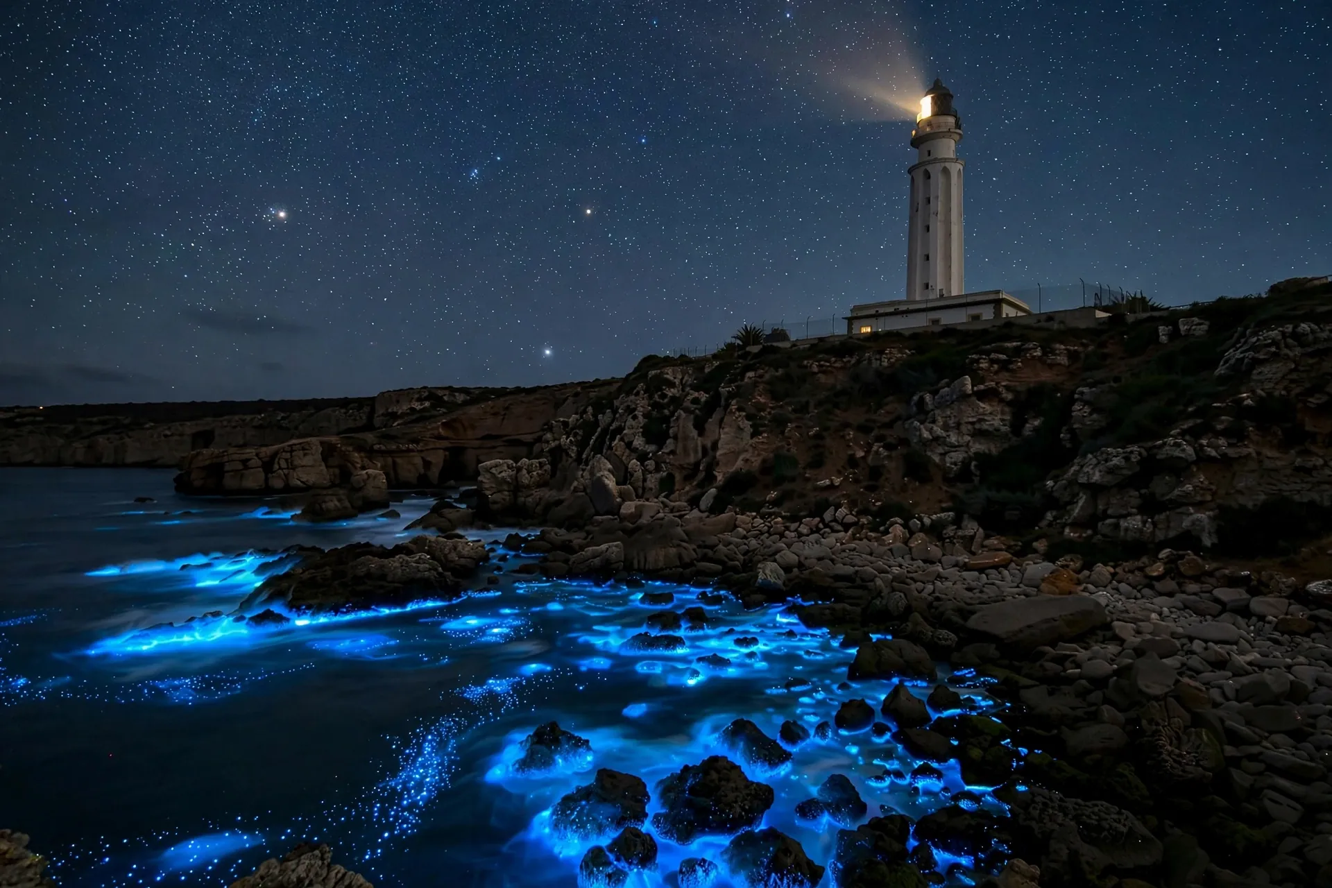 A lighthouse on the Cadiz coast at night with the shoreline glowing blue, another place to see bioluminescence in Spain