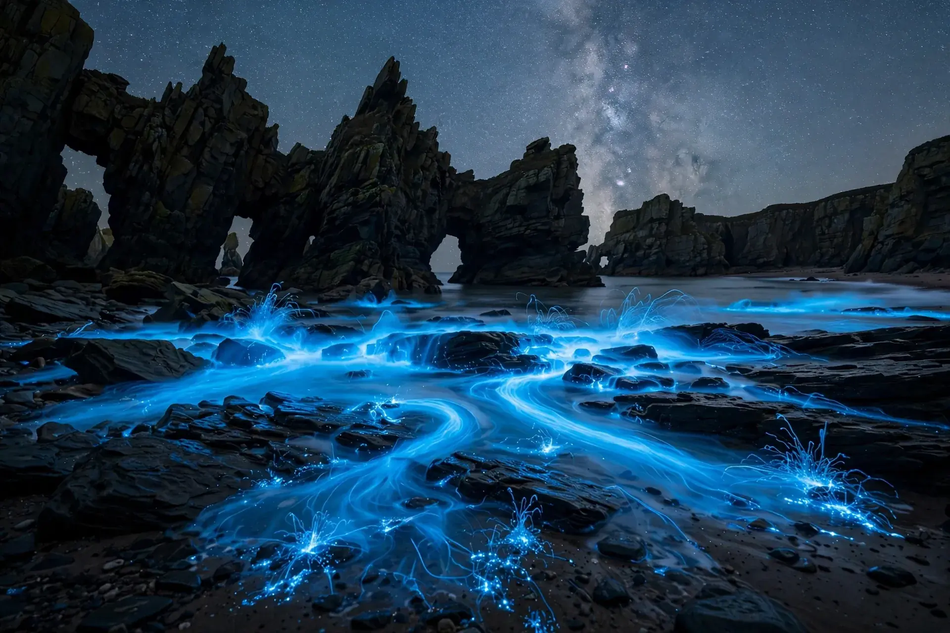 Glowing blue bioluminescent waves on a rocky Galician beach at night, the Mar de Ardora, the most famous place to see bioluminescence in Spain