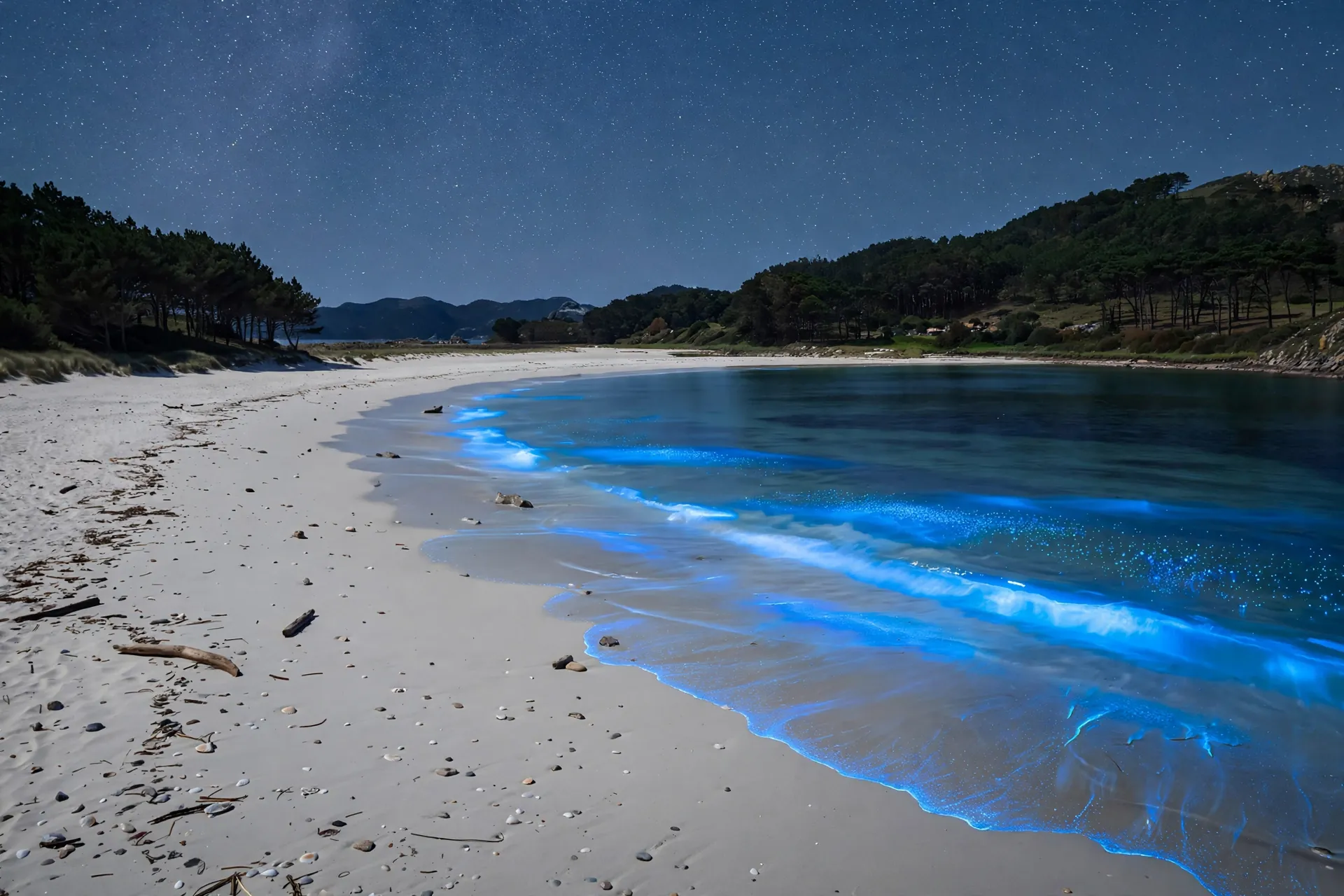 A white sand beach on the Cies Islands in Galicia glowing blue at night, a top spot for bioluminescence in Spain