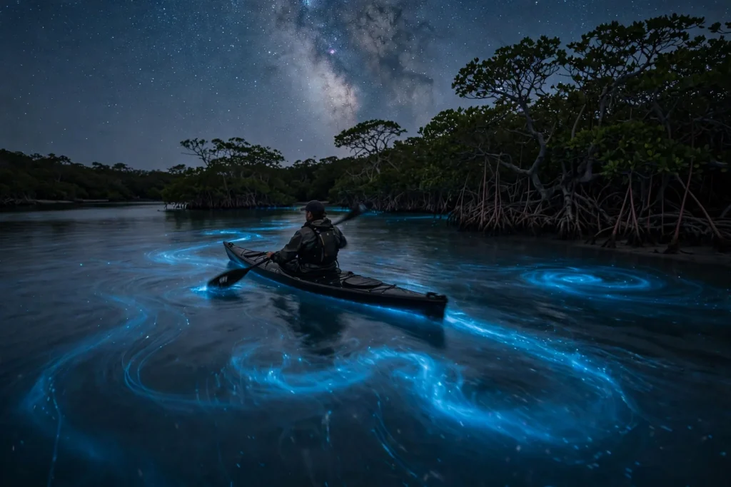 Bioluminescent Bays in Puerto Rico: The Complete 2026 Guide 1 A kayaker paddling through glowing blue water in Mosquito Bay, one of the most famous bioluminescent bays in Puerto Rico