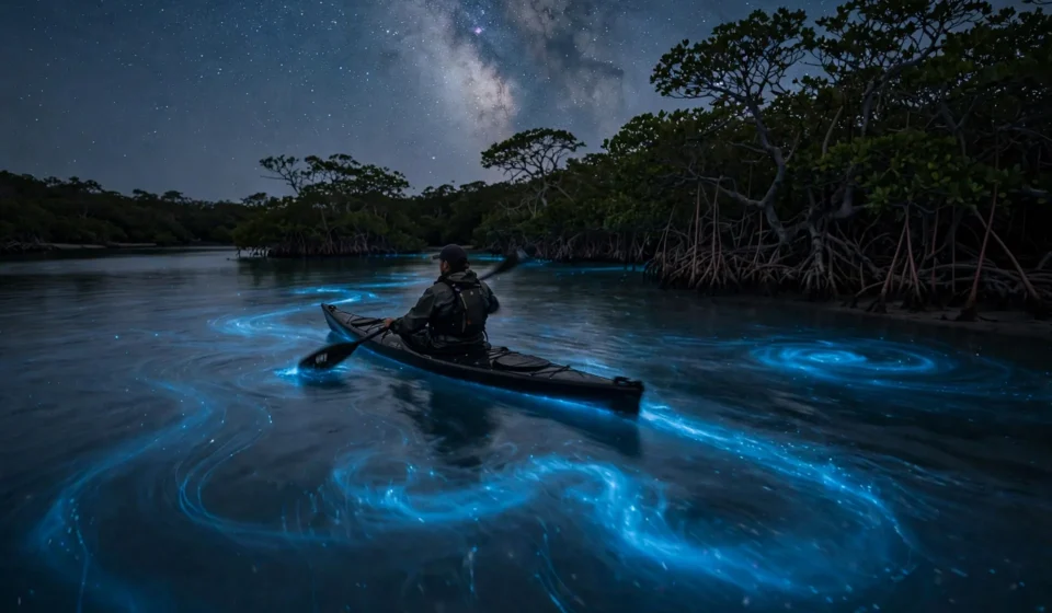 A kayaker paddling through glowing blue water in Mosquito Bay, one of the most famous bioluminescent bays in Puerto Rico