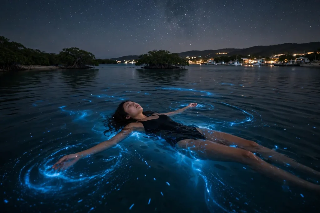Bioluminescent Bays in Puerto Rico: The Complete 2026 Guide 4 A swimmer floating in glowing bioluminescent water at La Parguera, the only swimmable one among the bioluminescent bays in Puerto Rico