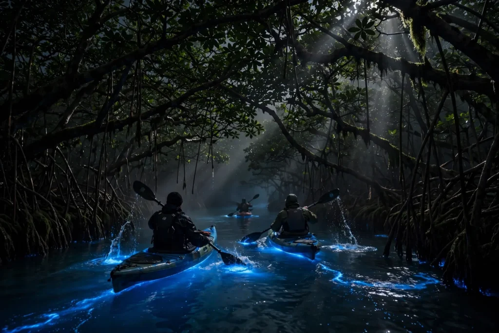 Bioluminescent Bays in Puerto Rico: The Complete 2026 Guide 3 Kayakers paddling through a mangrove channel with glowing blue water in Laguna Grande, one of the bioluminescent bays in Puerto Rico