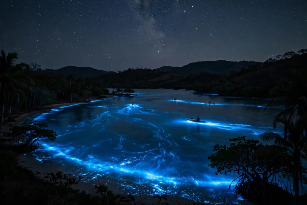 Bioluminescent Bays in Puerto Rico: The Complete 2026 Guide 2 Wide night view of a glowing bioluminescent bay in Vieques, Puerto Rico, with kayaks leaving trails of blue light