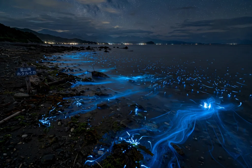 Firefly squid glowing blue along Toyama Bay shoreline Japan.