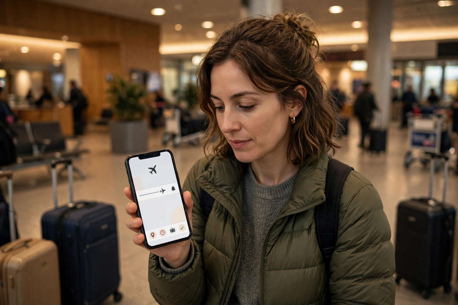 How To Use A Flight Tracker 3 Traveler checking a flight arrival alert on a phone in an airport arrivals hall