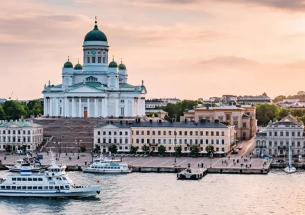 Helsinki harbor with Helsinki Cathedral above Senate Square, Finland.