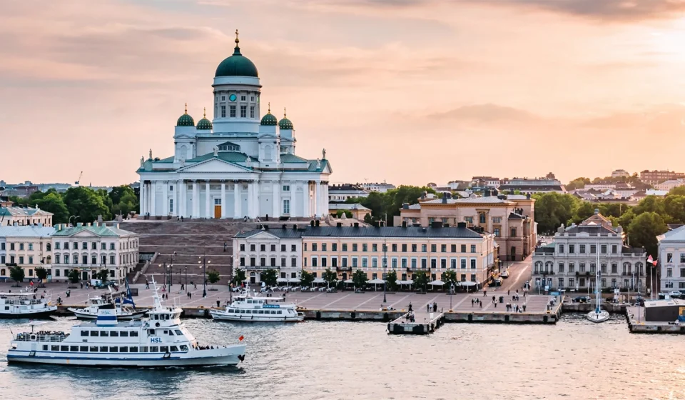 Helsinki harbor with Helsinki Cathedral above Senate Square, Finland.