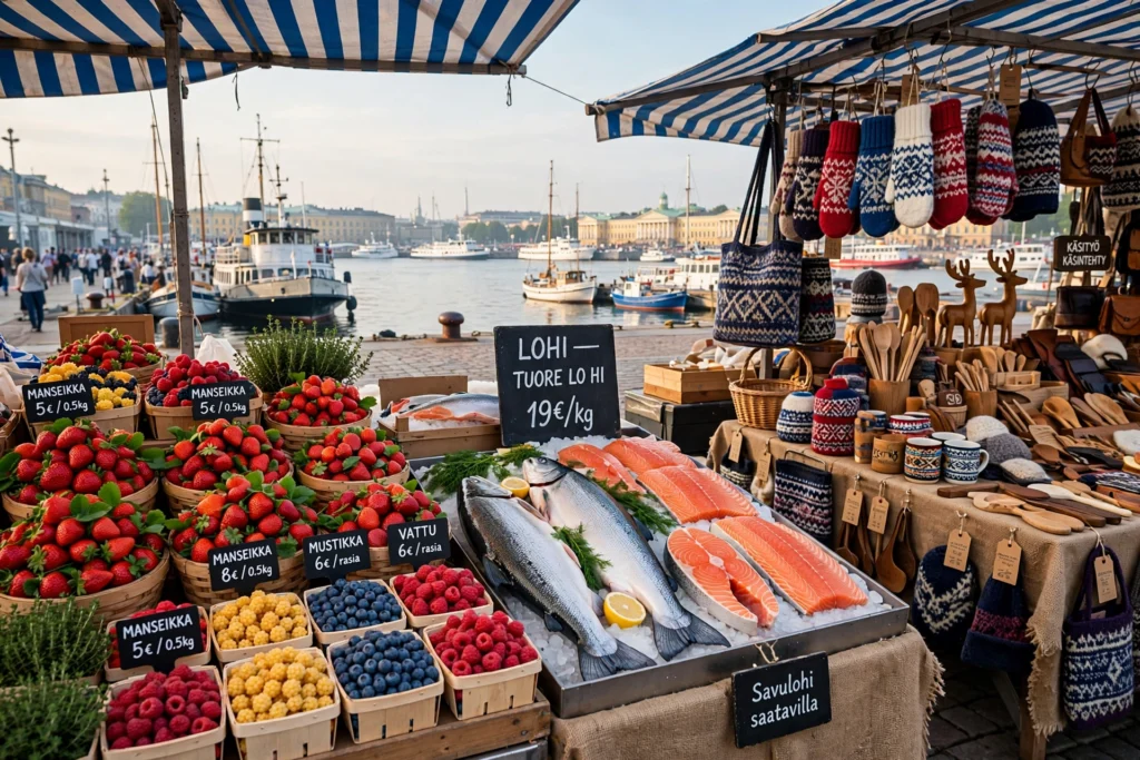 Market Square stalls selling berries and salmon at Helsinki harbor.