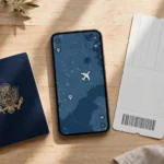 Smartphone showing a flight tracker app with a live flight map beside a boarding pass