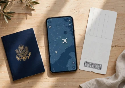 Smartphone showing a flight tracker app with a live flight map beside a boarding pass