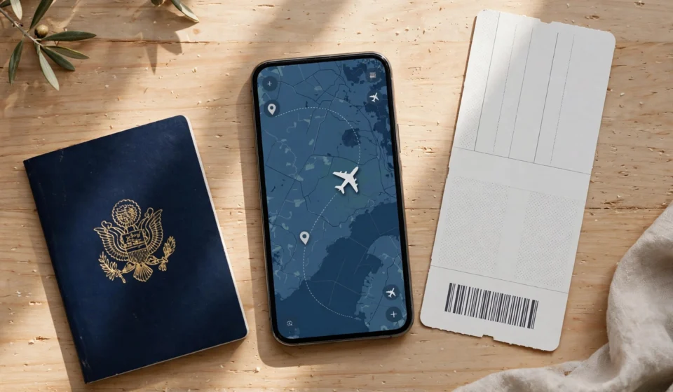 Smartphone showing a flight tracker app with a live flight map beside a boarding pass