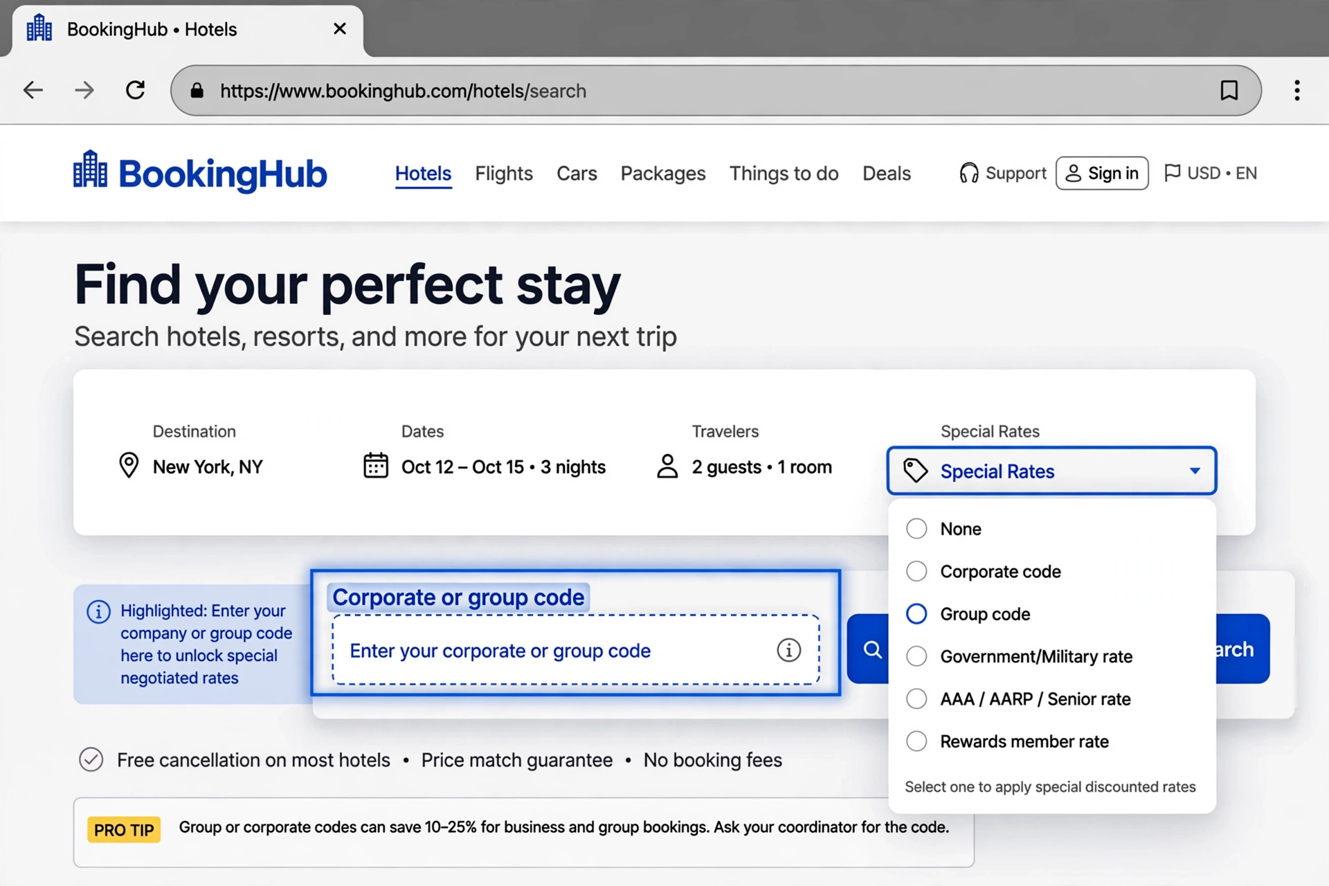 Entering travel agent code TRAVEL in the corporate or group code field on hyatt.com.